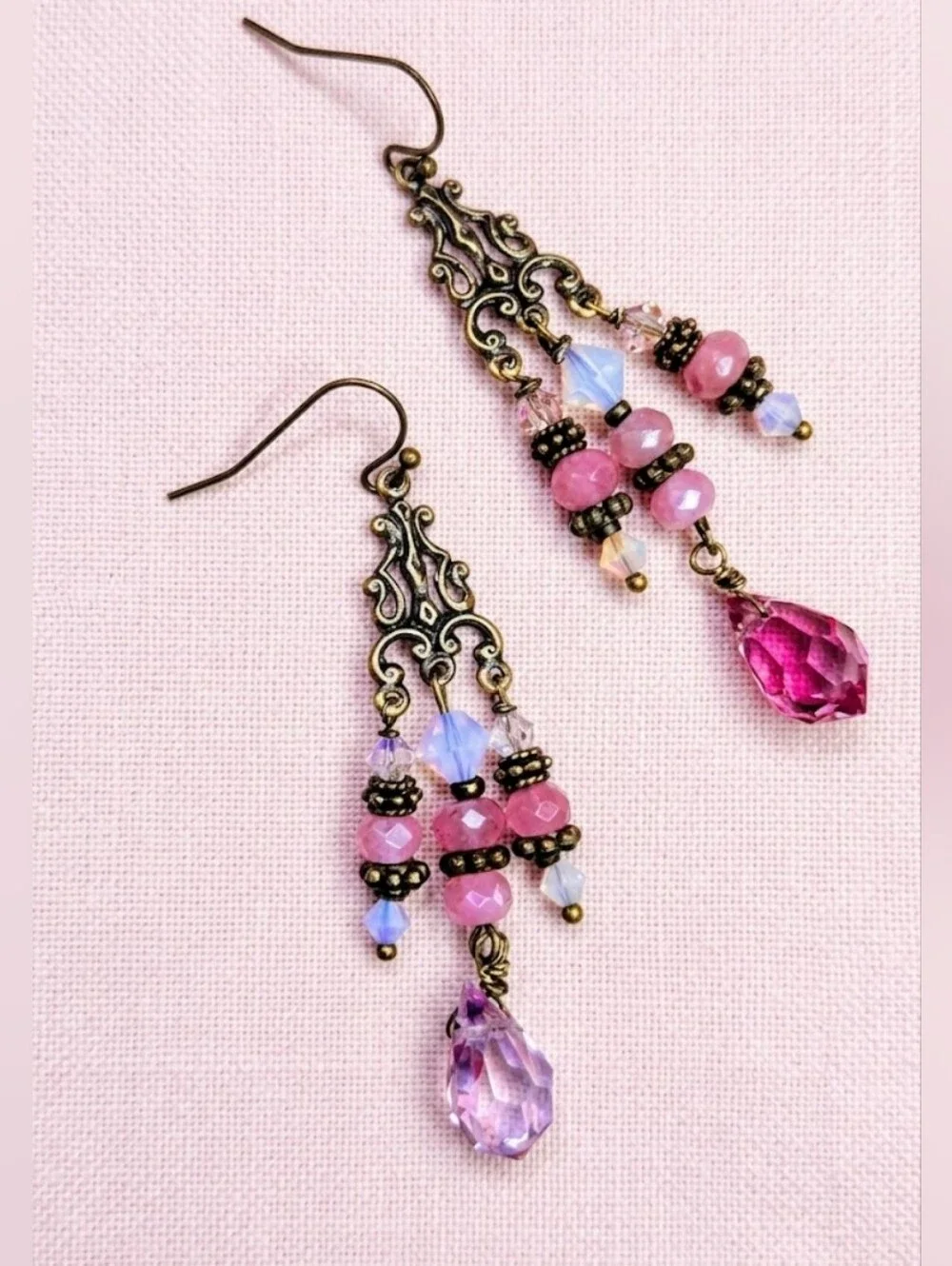FIESTA Pink Glass & Crystal In Artisan Antique Bronze Victorian Style Earrings